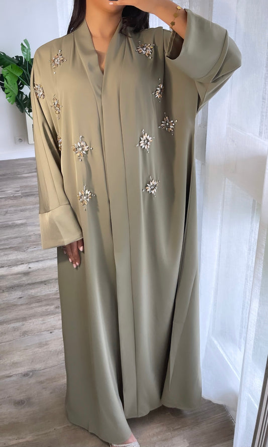 Abaya Yara à strass doré et argenté [ vert d’eau ]
