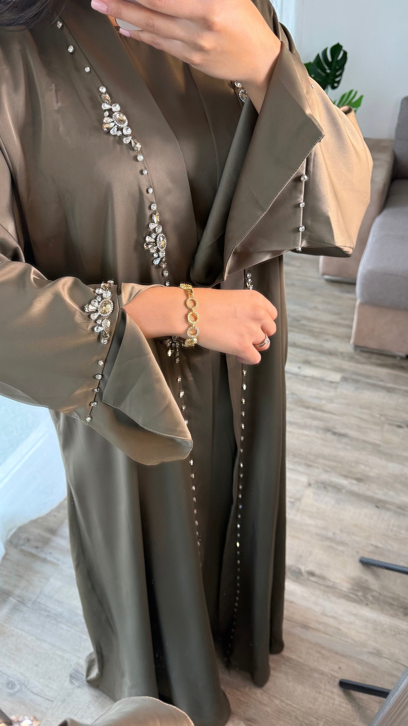 Abaya sabile 2 pièces perlage main kaki