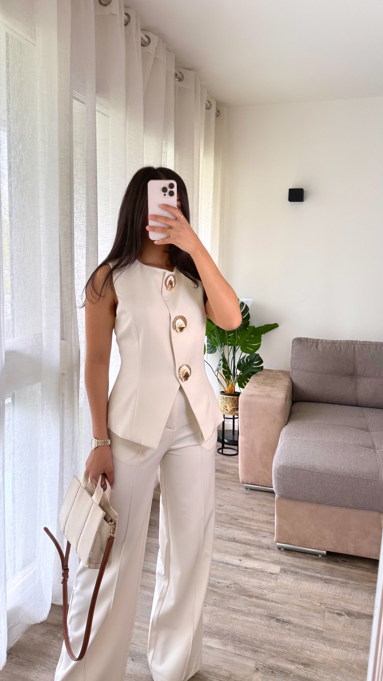 Ensemble 2 pièces blazer sans manches + pantalon [ Ecru ]