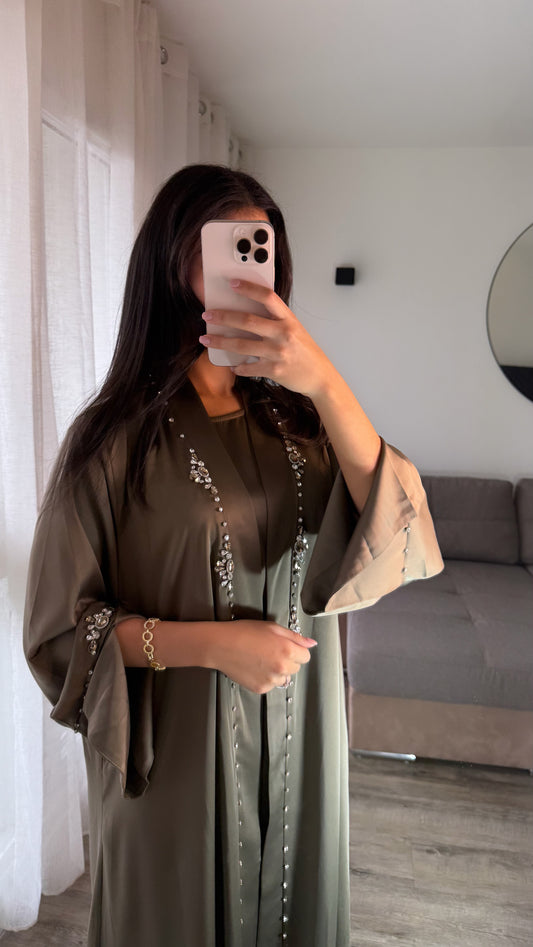 Abaya sabile 2 pièces perlage main kaki