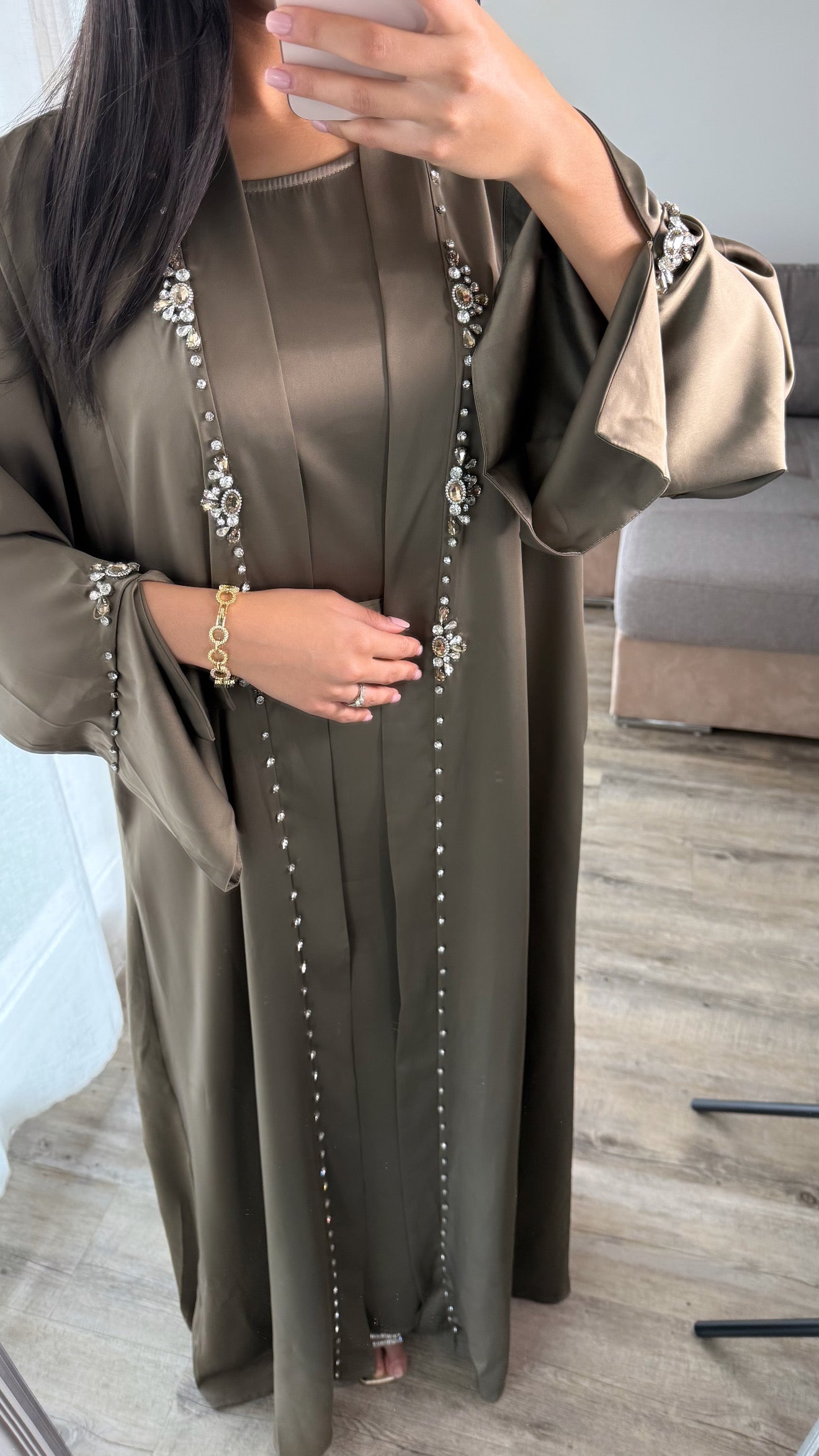Abaya sabile 2 pièces perlage main kaki