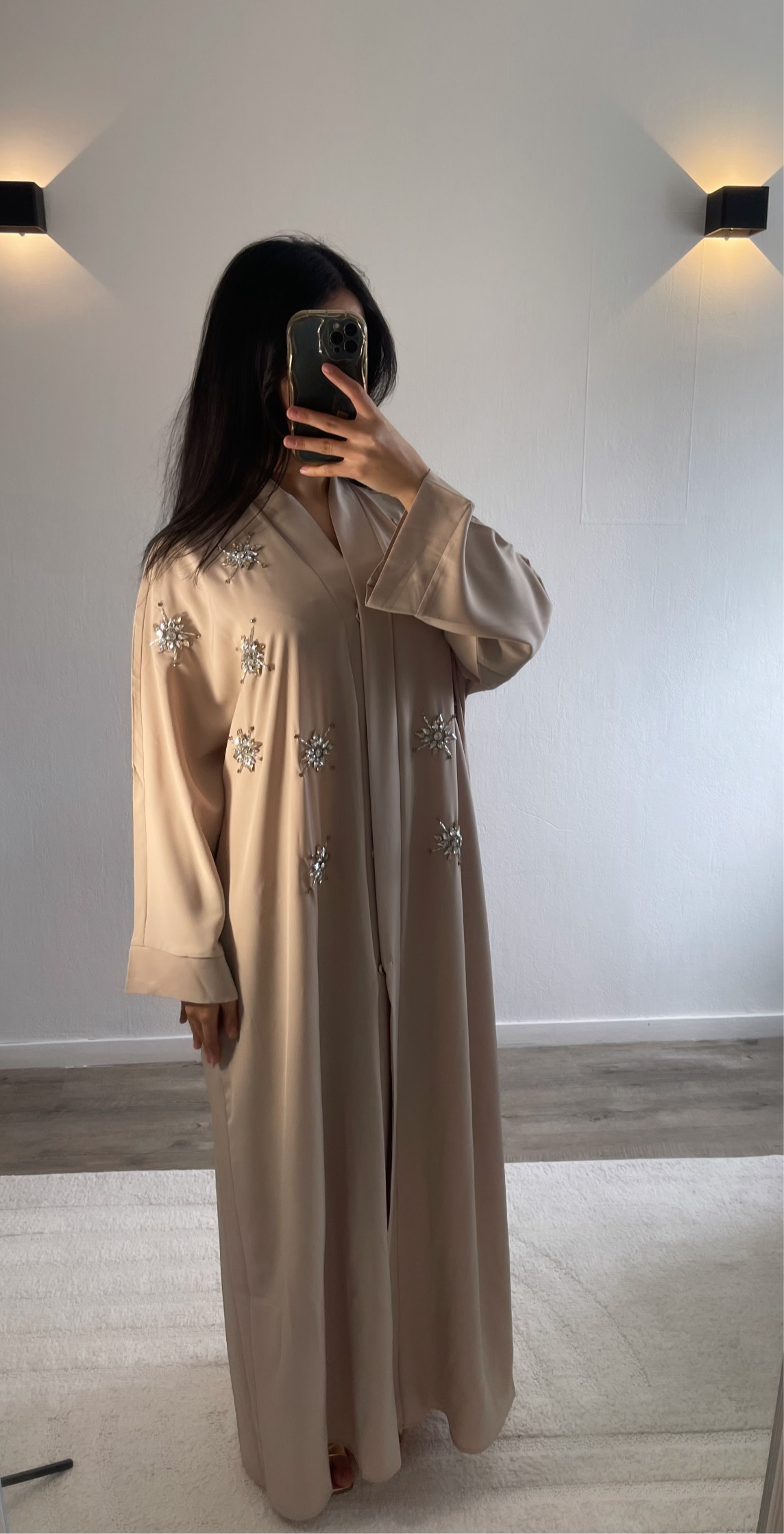 Abaya Yara à strass doré et argenté [ Beige ]
