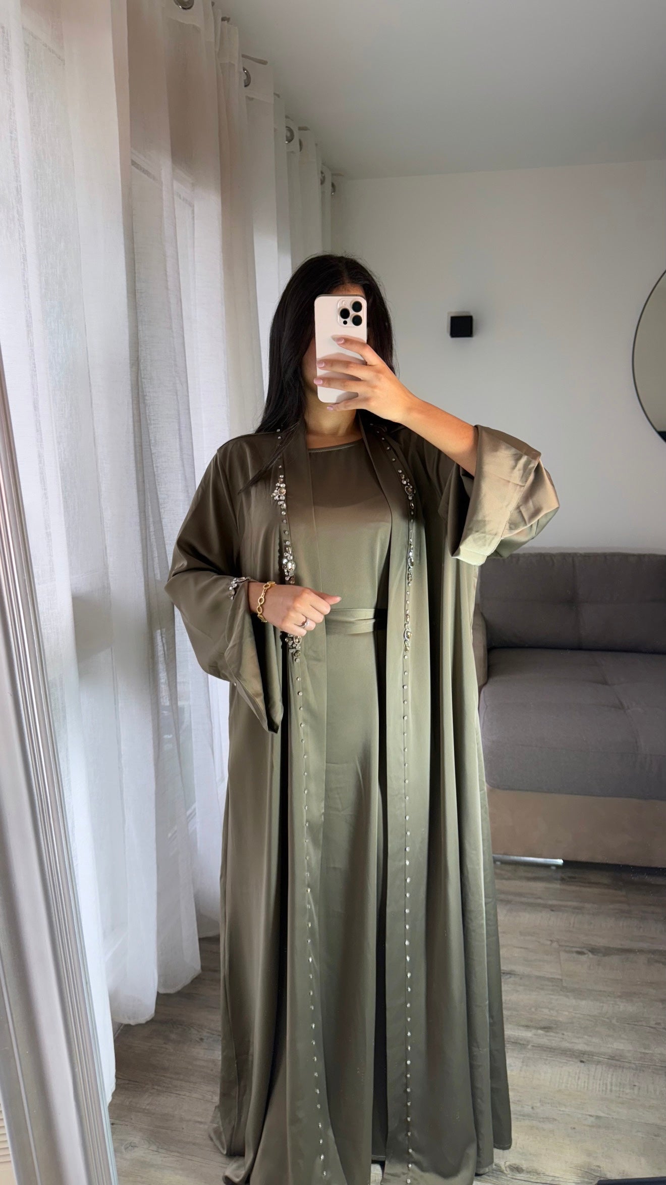 Abaya sabile 2 pièces perlage main kaki