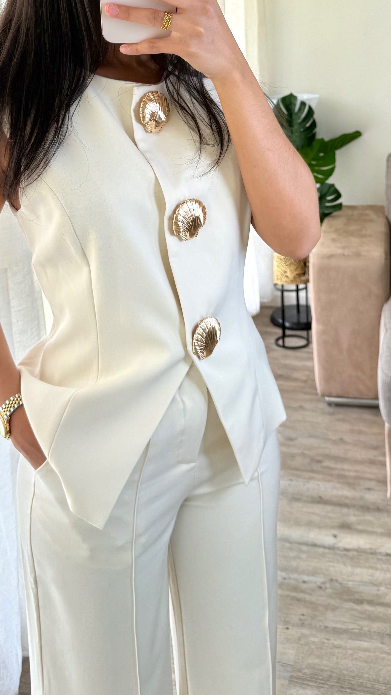 Ensemble 2 pièces blazer sans manches + pantalon [ Ecru ]