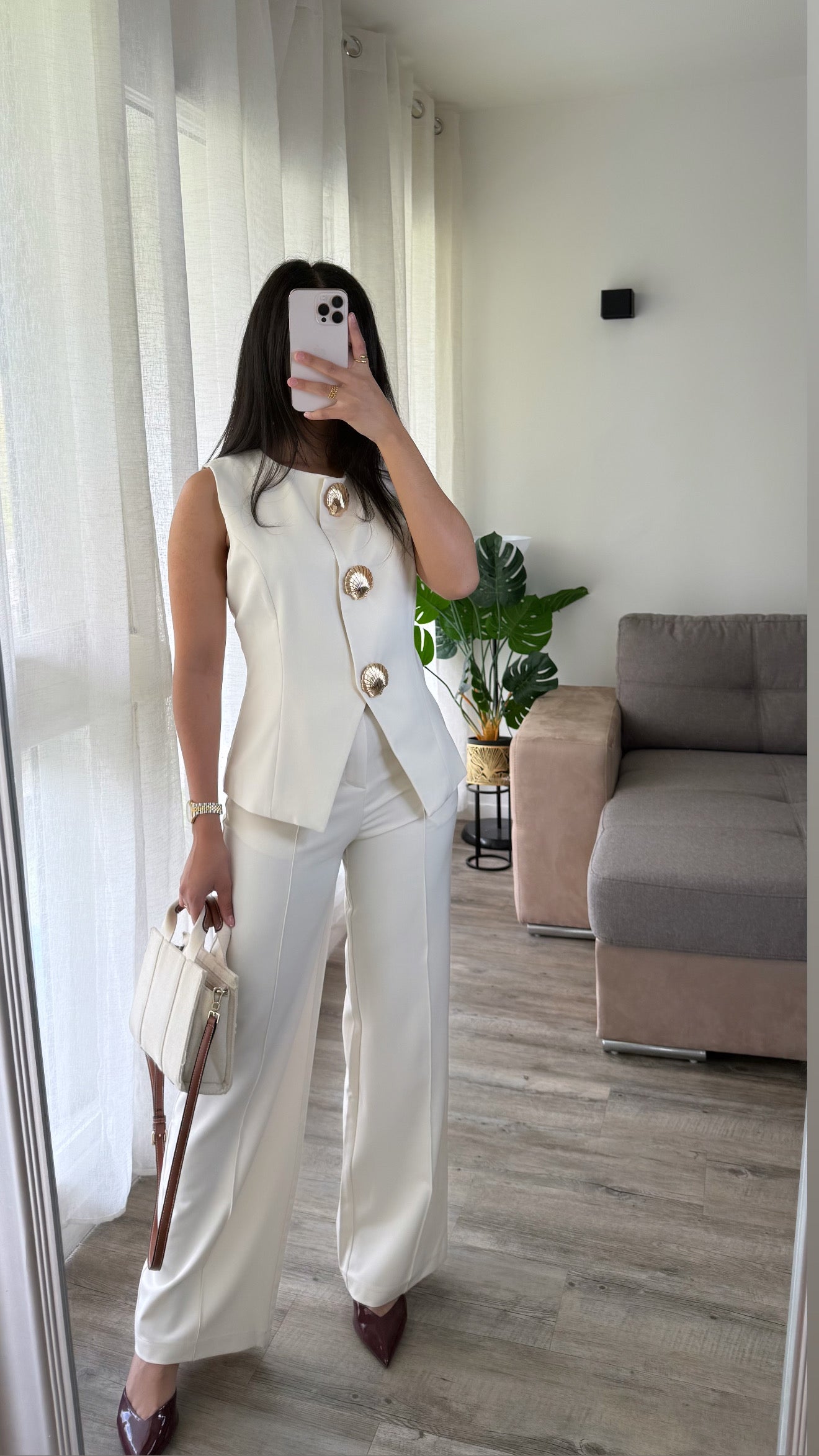 Ensemble 2 pièces blazer sans manches + pantalon [ Ecru ]