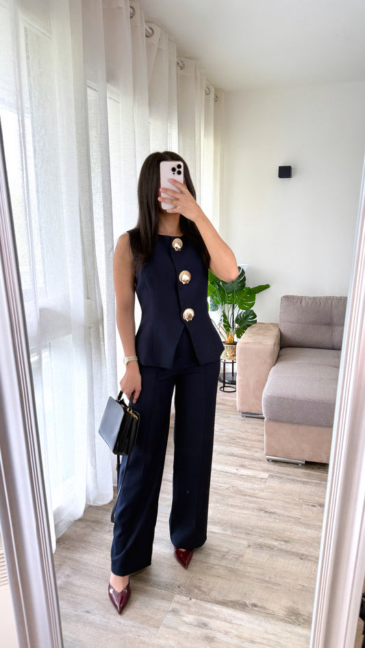 Ensemble 2 pièces blazer sans manches + pantalon [ Bleu marine]