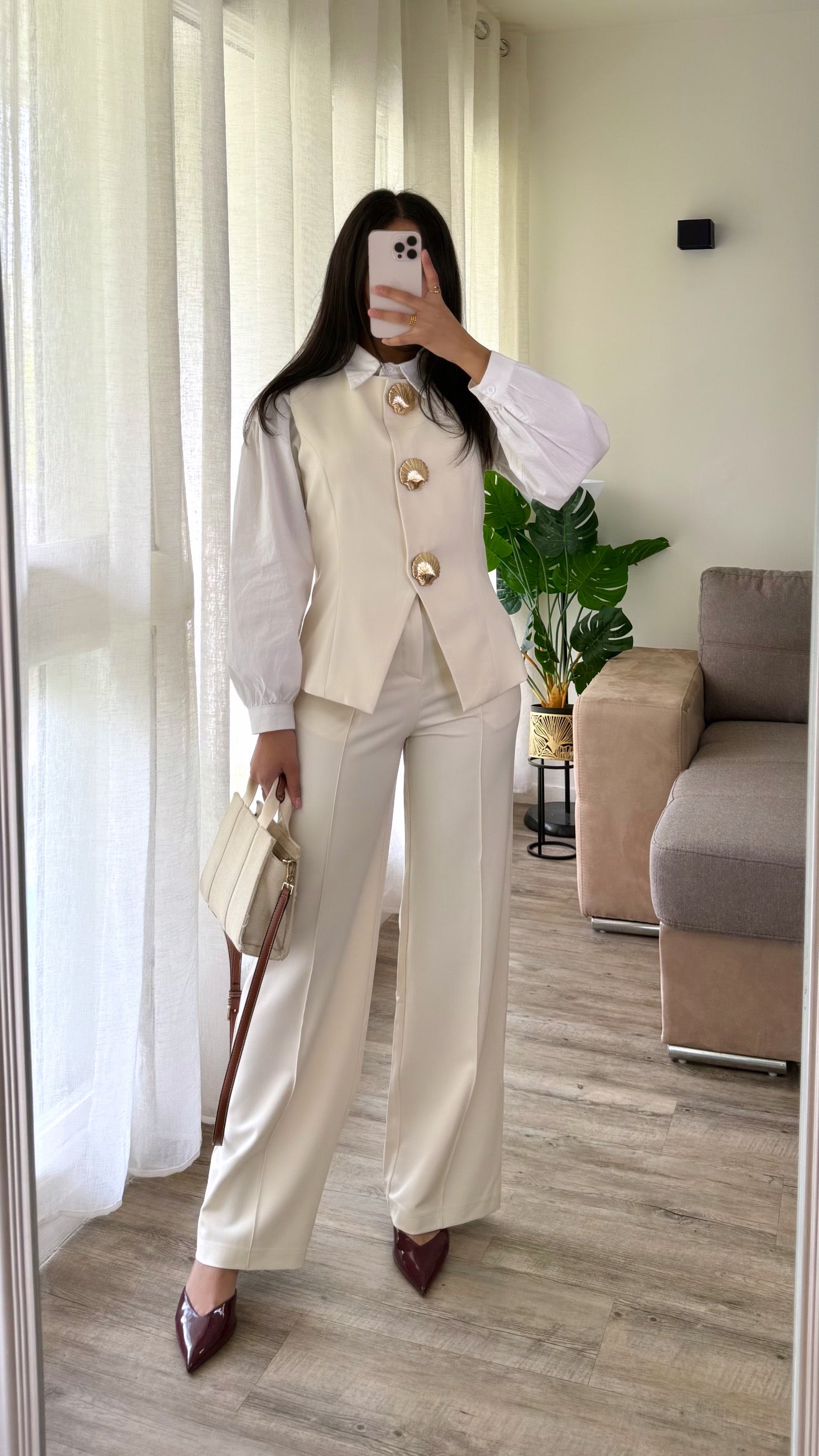 Ensemble 2 pièces blazer sans manches + pantalon [ Ecru ]