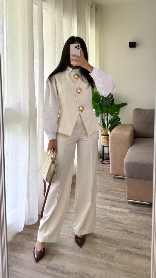 Ensemble 2 pièces blazer sans manches + pantalon [ Ecru ]