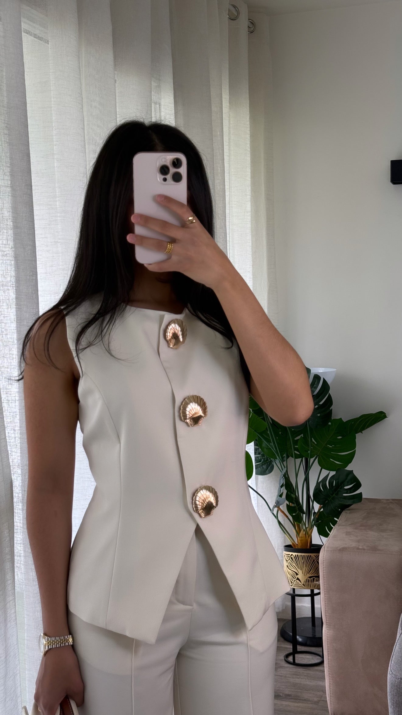 Ensemble 2 pièces blazer sans manches + pantalon [ Ecru ]